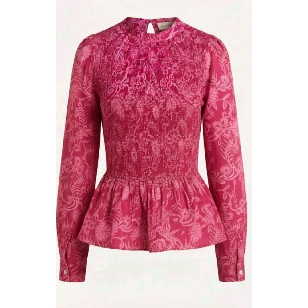 Banjanan Pink Floral Smocked Long Sleeve Peplum Top Blouse Size XS 100% Cotton